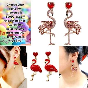 Gold Plated pink and red crystal heart flamingo earrings choose 1 pair